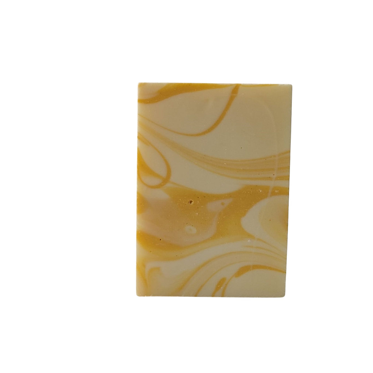 Lemon soap bar with yellow swirls in The Happy Hippy Soap Company packaging