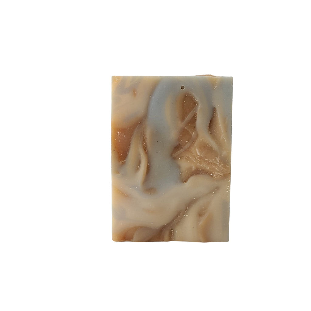 Surf Soap with blue, yellow and brown swirls and peaceful vanilla, refreshing mint and sunny lemon