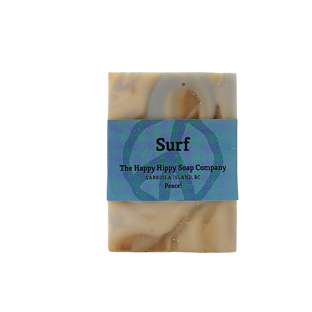Surf Soap with blue, yellow and brown swirls and peaceful vanilla, refreshing mint and sunny lemon